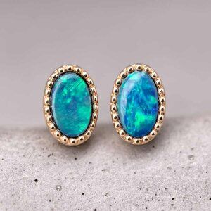 Minimalist Oval Doublet Opal Stud Earrings 18K Yellow Gold